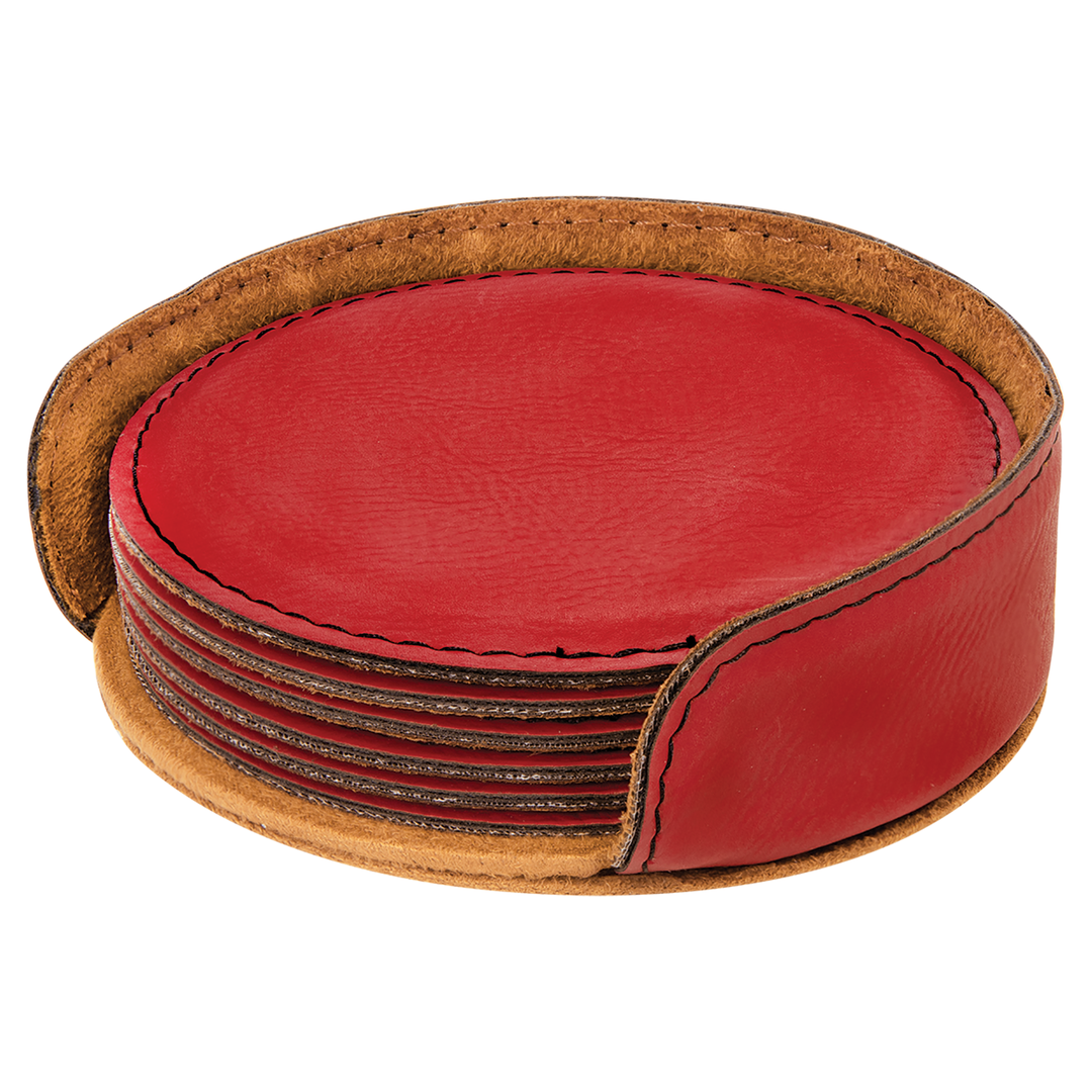 4" Red Laserable Leatherette Round 6-Coaster Set